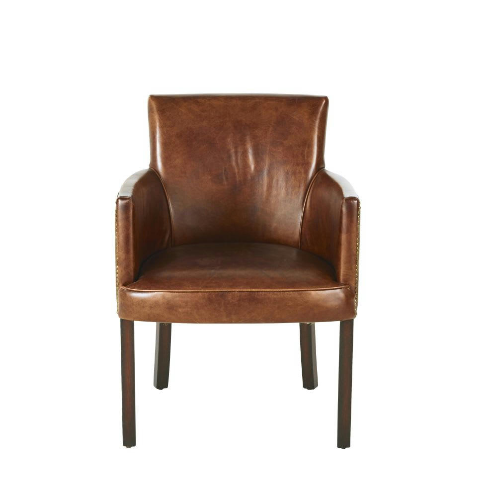 - Chaise avec accoudoirs en cuir de vachette marron vieilli