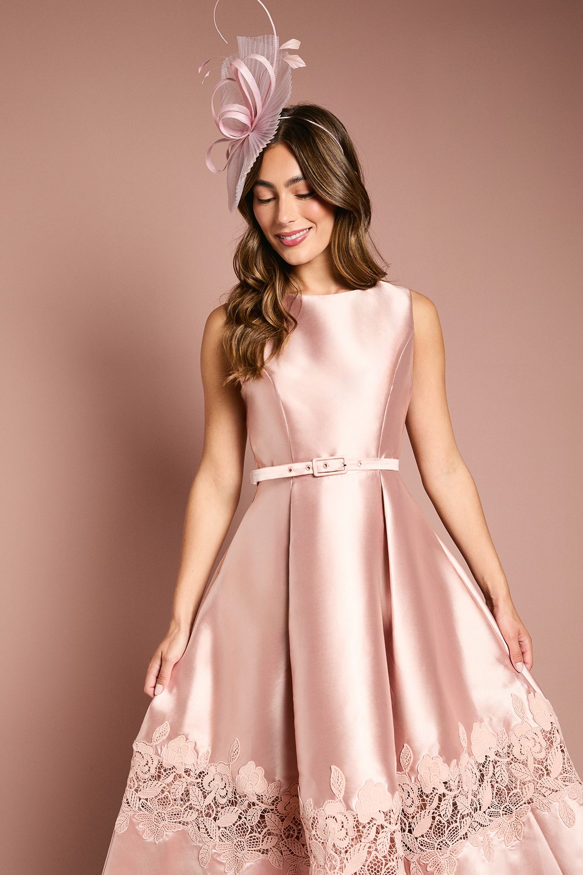 Coast Sleeveless Twill Midi Dress With Lace Trim And Belt