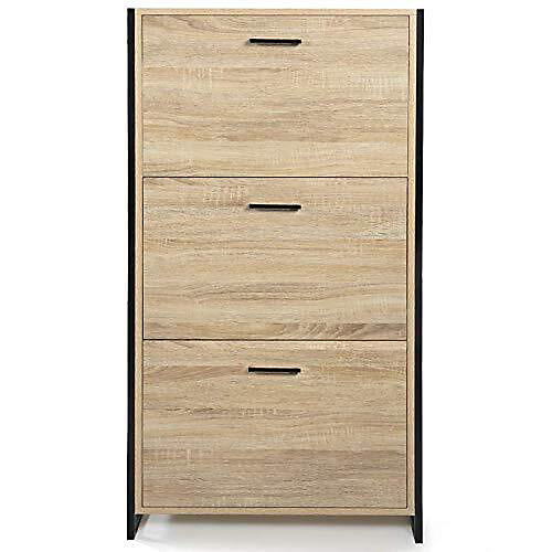 Meuble à Chaussures Moderne Design Industriel 3 Portes Beige Noir Bois Métal Salon Chambre