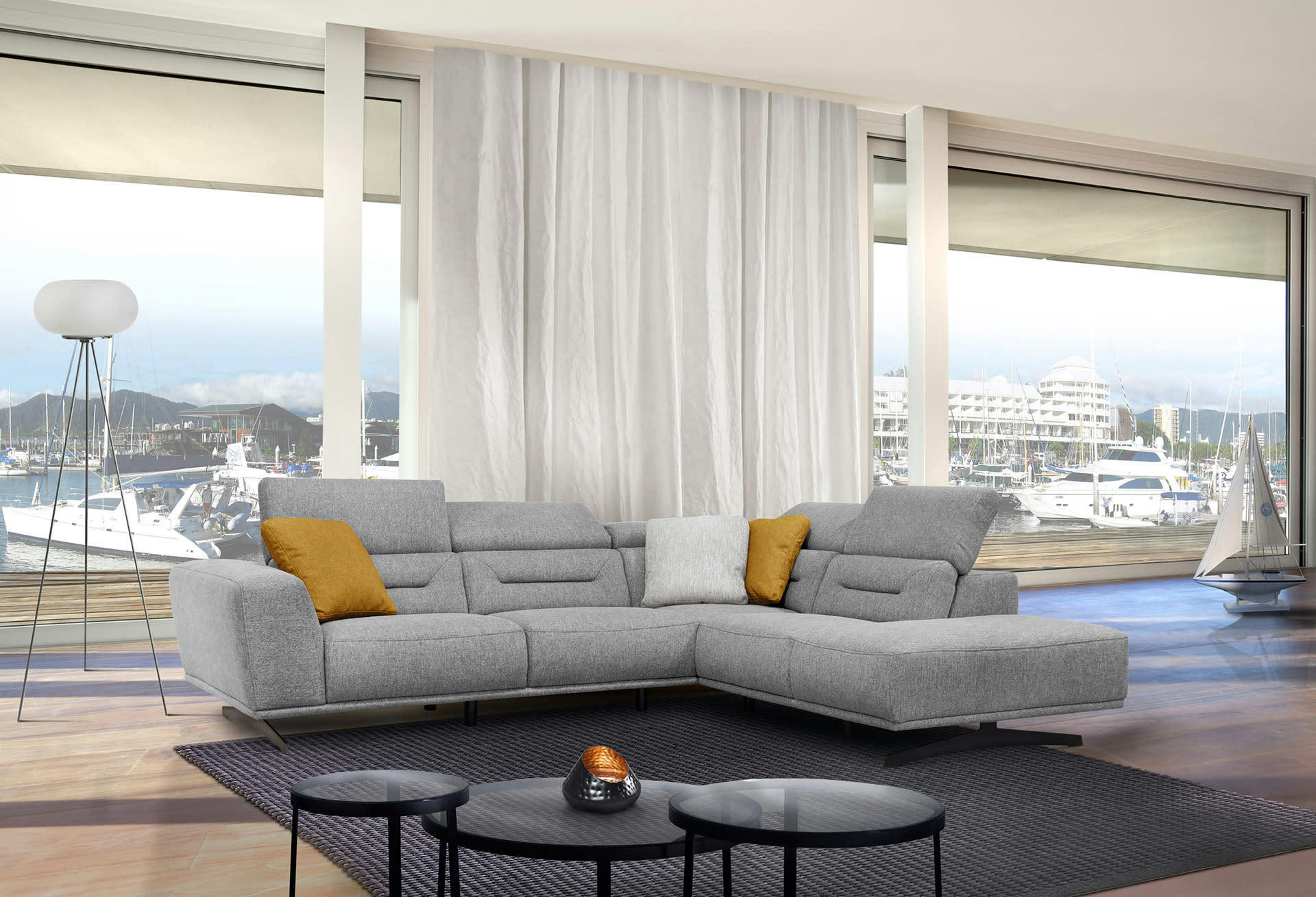 LUCANO - Canapé d'angle droit 5 places tissu gris