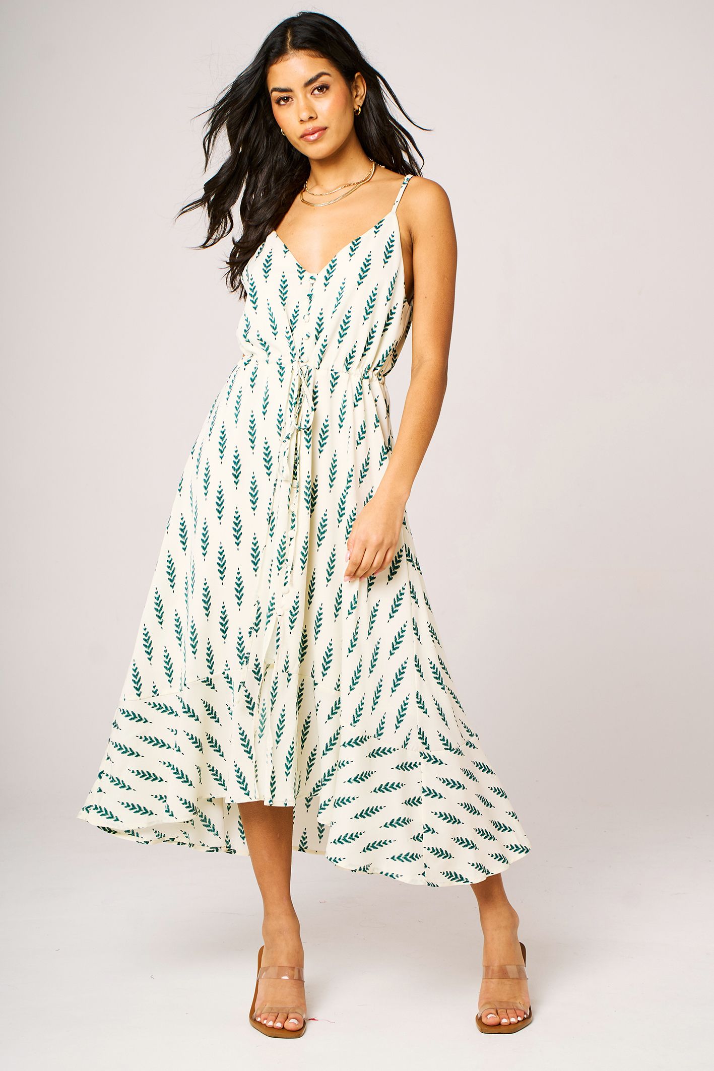 FS Collection Botanical Leaf Print Strappy Midi Dress with Frill Hem In White