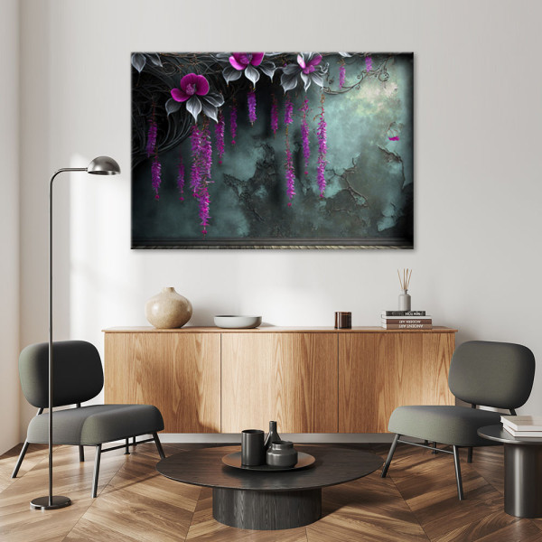 Feeby Obraz, Wiszące Fioletowe kwiaty na betonowym tle 60x40