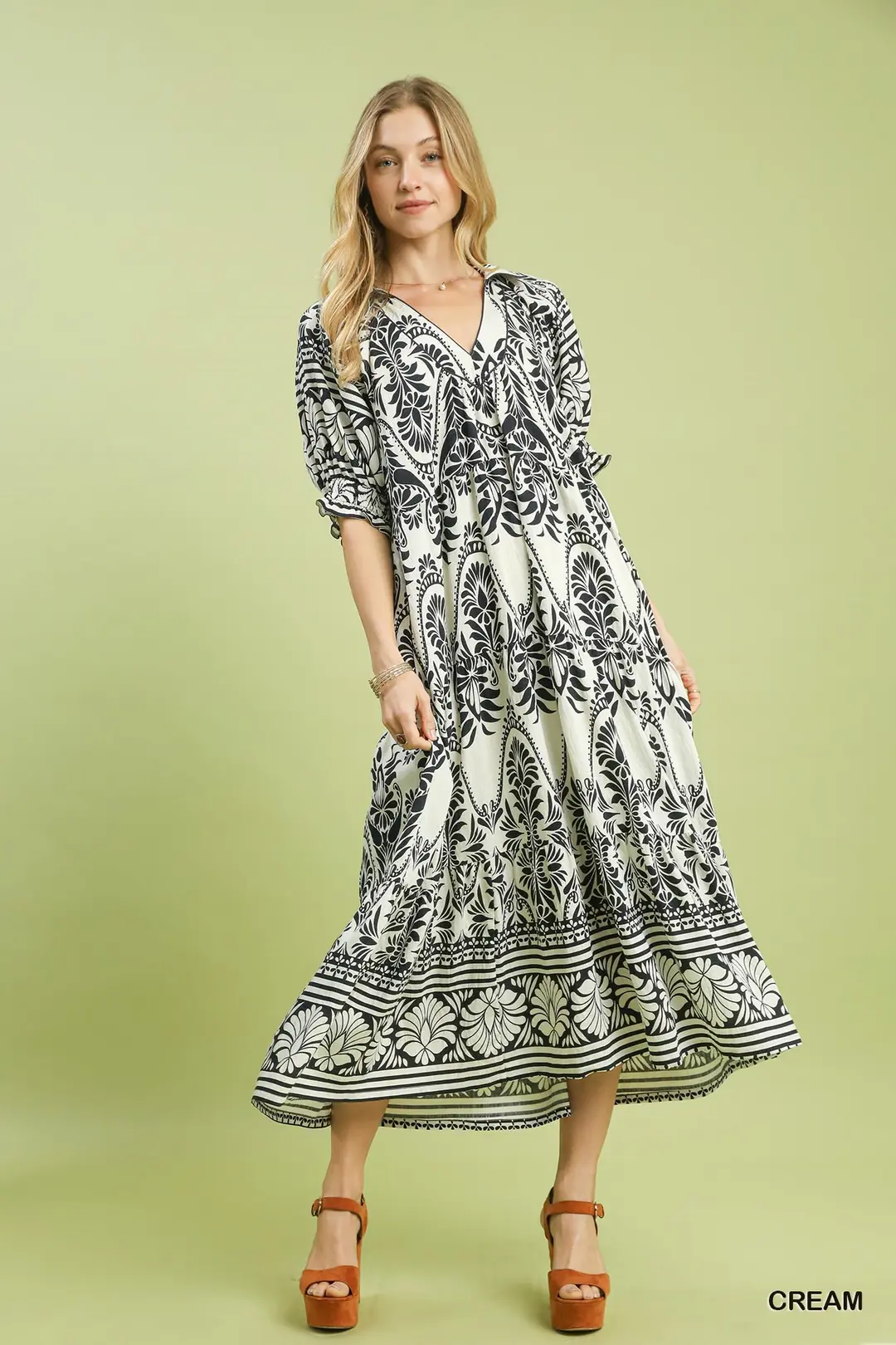 Two tone Border Print Midi Dress