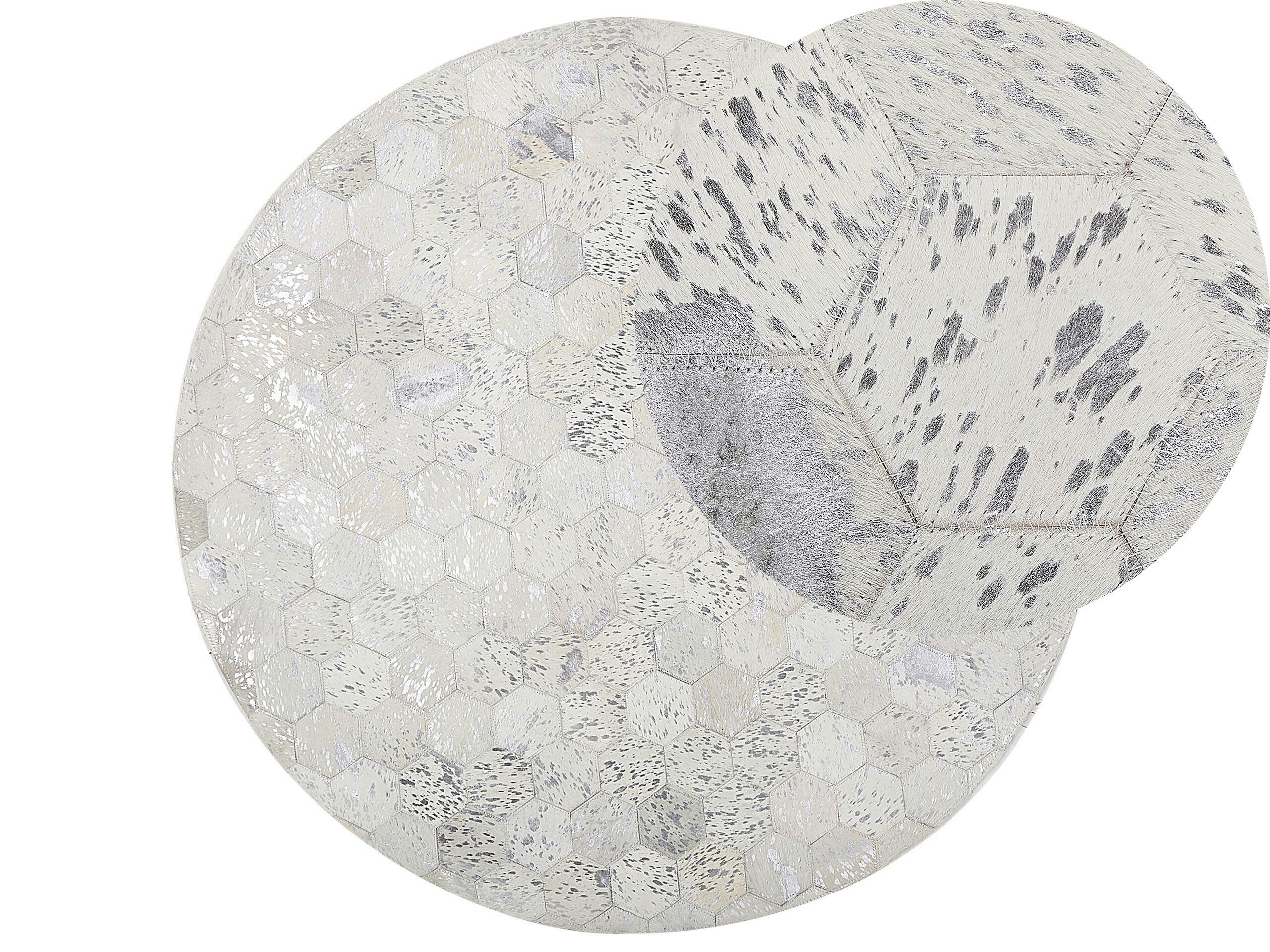 BOZKOY - Tapis patchwork en cuir argenté et beige rond D140cm