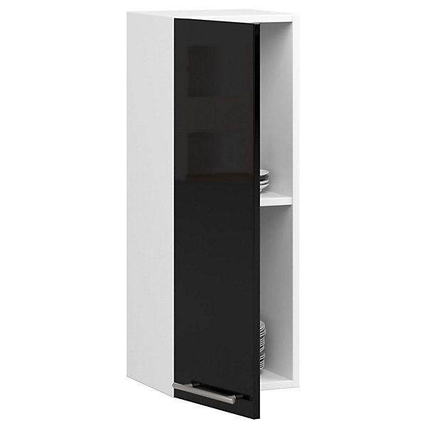 Meuble de cuisine suspendue : 1 porte, 2 étagères, blanc / noir brillant, 30 x 72 x 30 cm