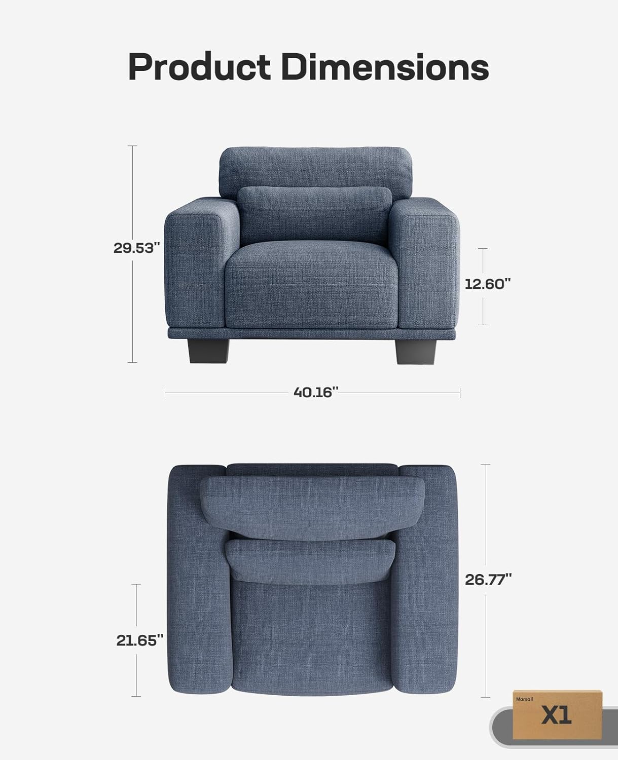 Marsail Single Seater Couch, 40 Inch Sofa with Deep Cushions, Modern Linen Fabric Sofas for Living Room, Comfy Upholstered Couch with Removable Washable Covers, Blue