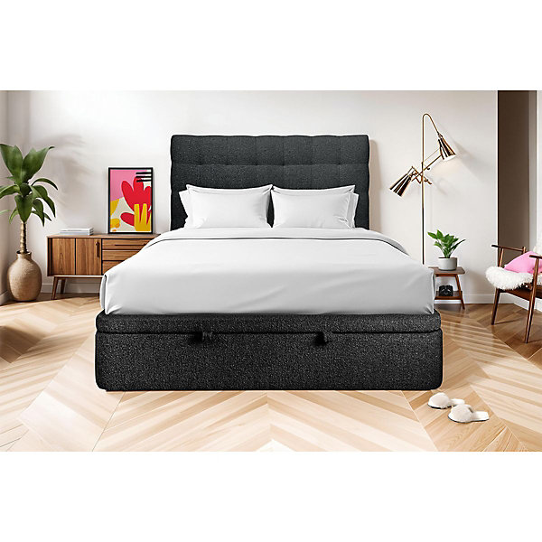 Lit coffre 160x200cm avec tête de lit capitonnée Bouclette Noir - Hauteur totale : 39cm