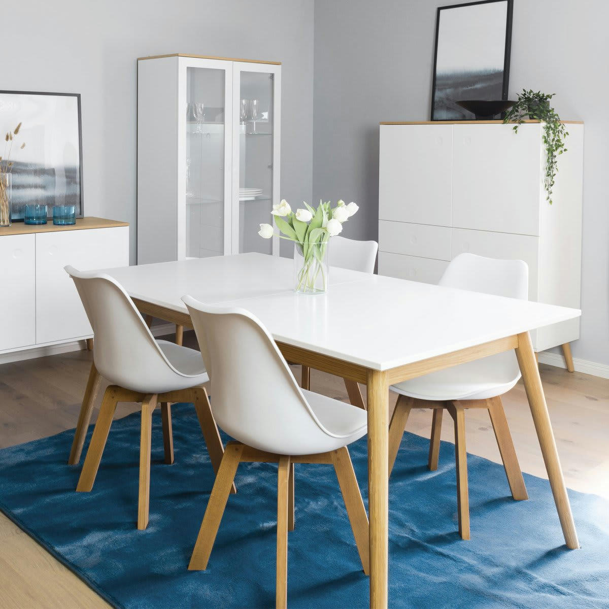 ZINO - Buffet haut 3 portes 3 tiroirs style scandinave blanc