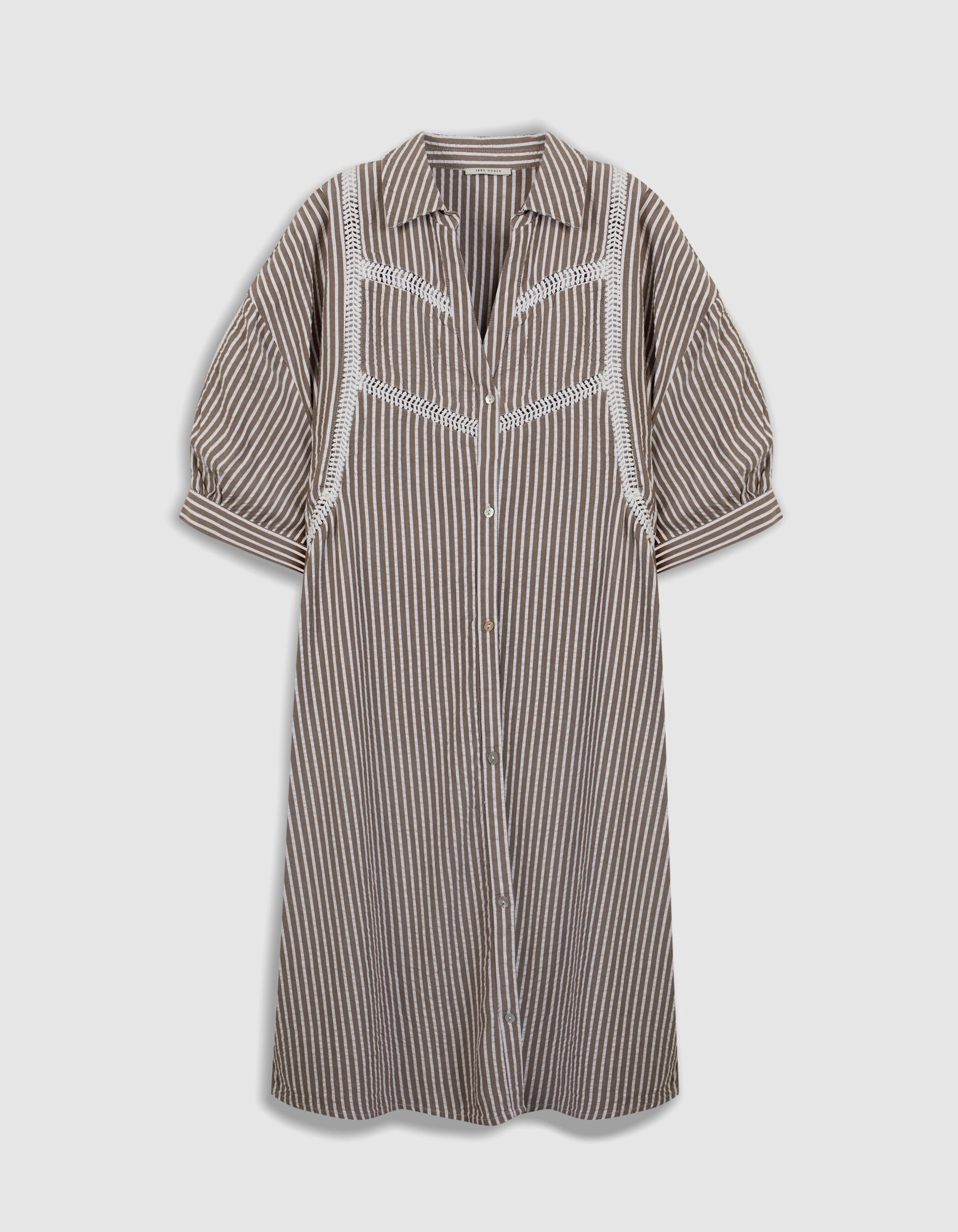Robe chemise marron motif rayures galons dentelle Femme