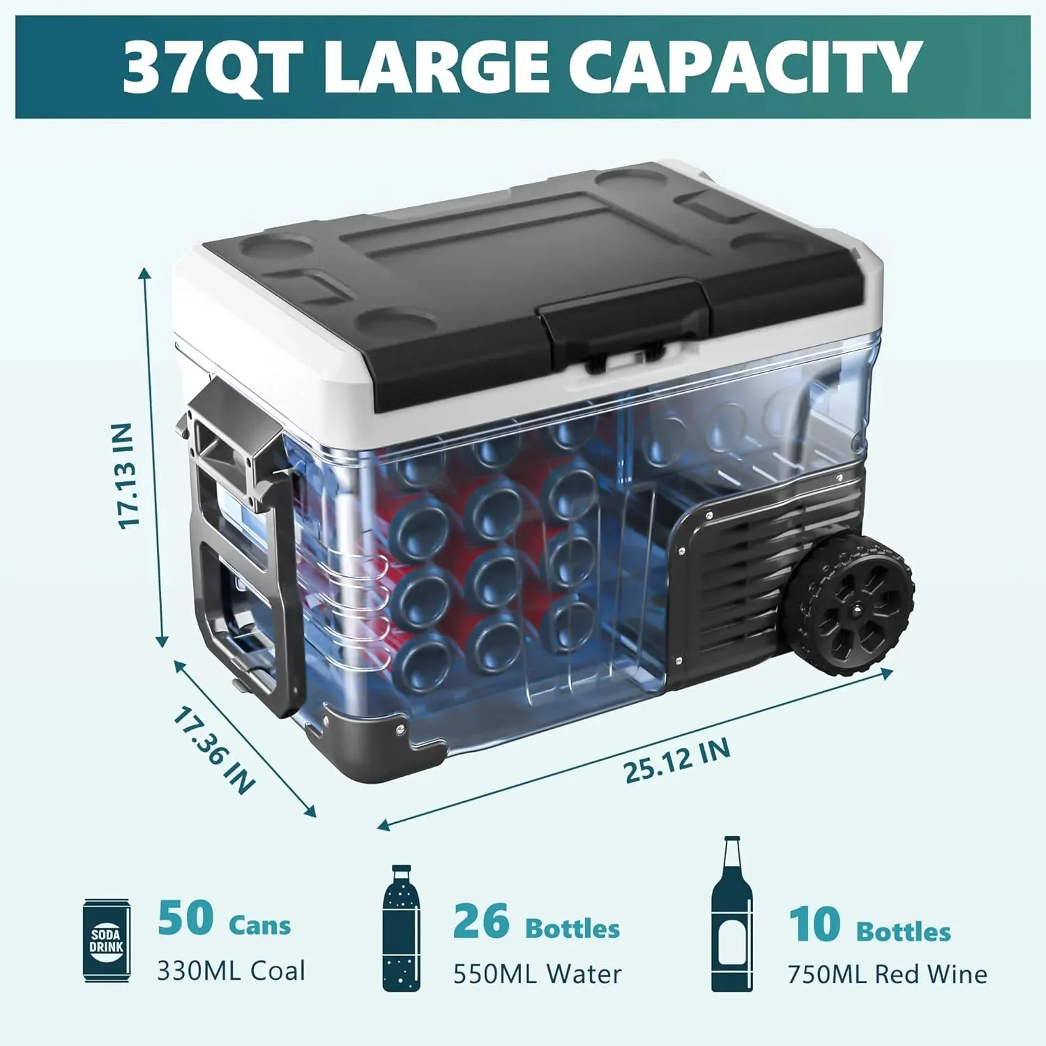 12 Volt Refrigerator, 53QT(50L) Electric Cooler, Portable Freezer 12V/24V DC 110-240V AC, 12V Fridge -4~68, 12V Cooler with Wheels  2 Baskets for Travel, Truck, Boat, Camping(37 Quart)