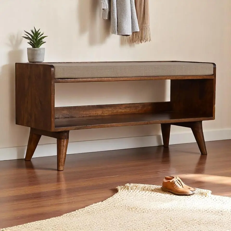 Artisan Furniture Massief Houten Nordic Schoenenbank, 1 Legplank, Donkerbruin