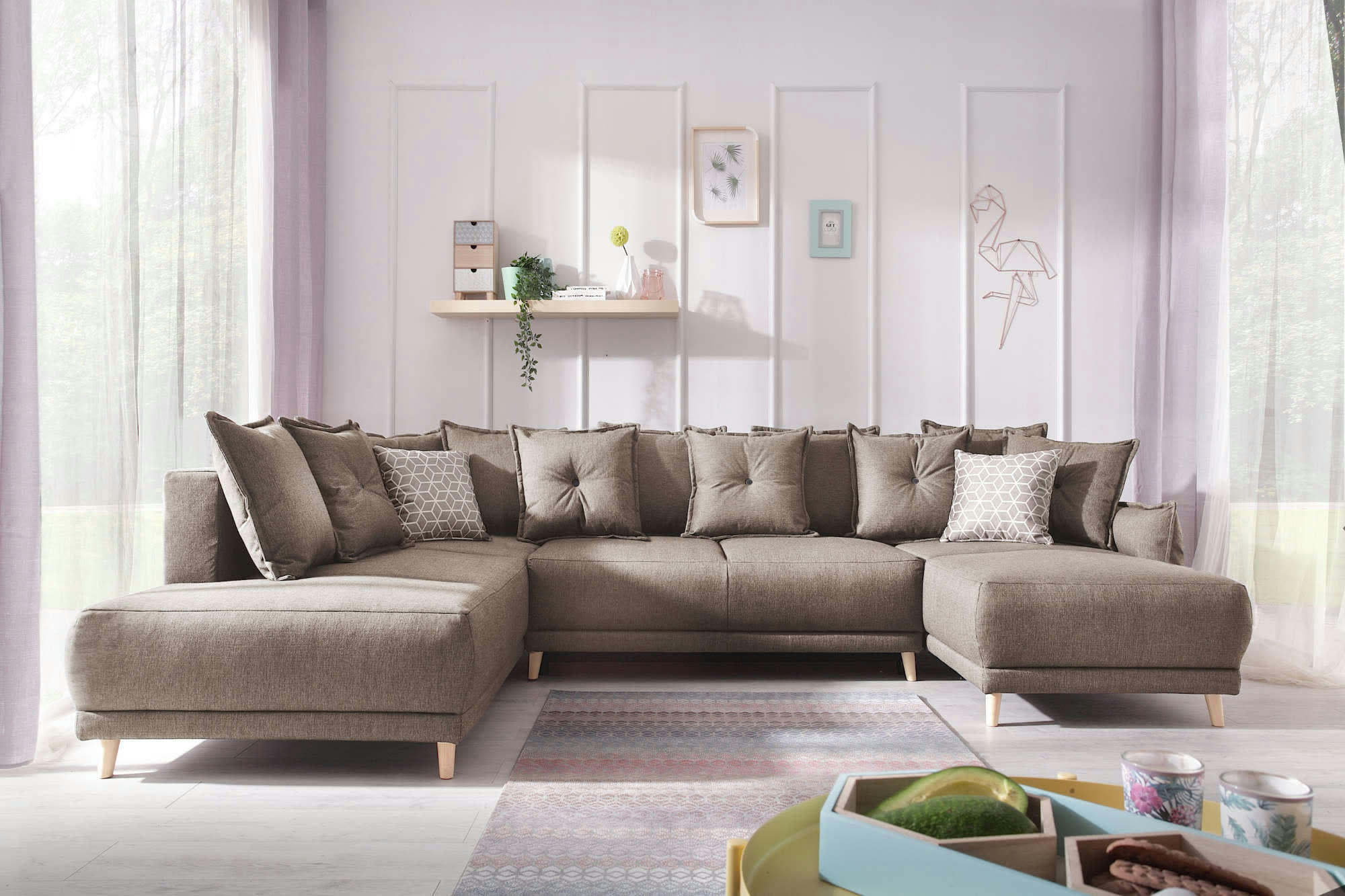 LENA - Canapé panoramique 7 places angle gauche en tissu marron