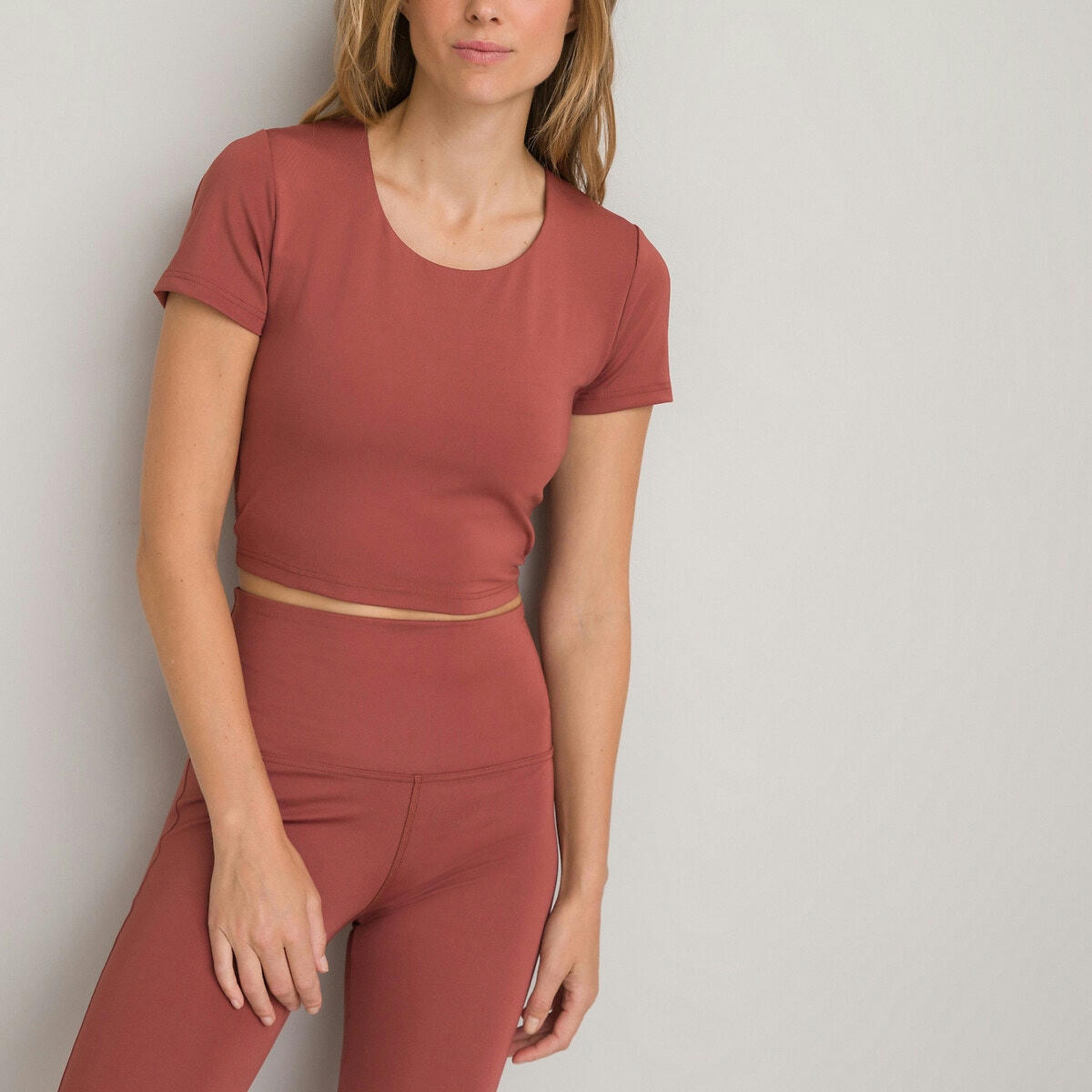 Top cropped en microfibre, manches courtes
