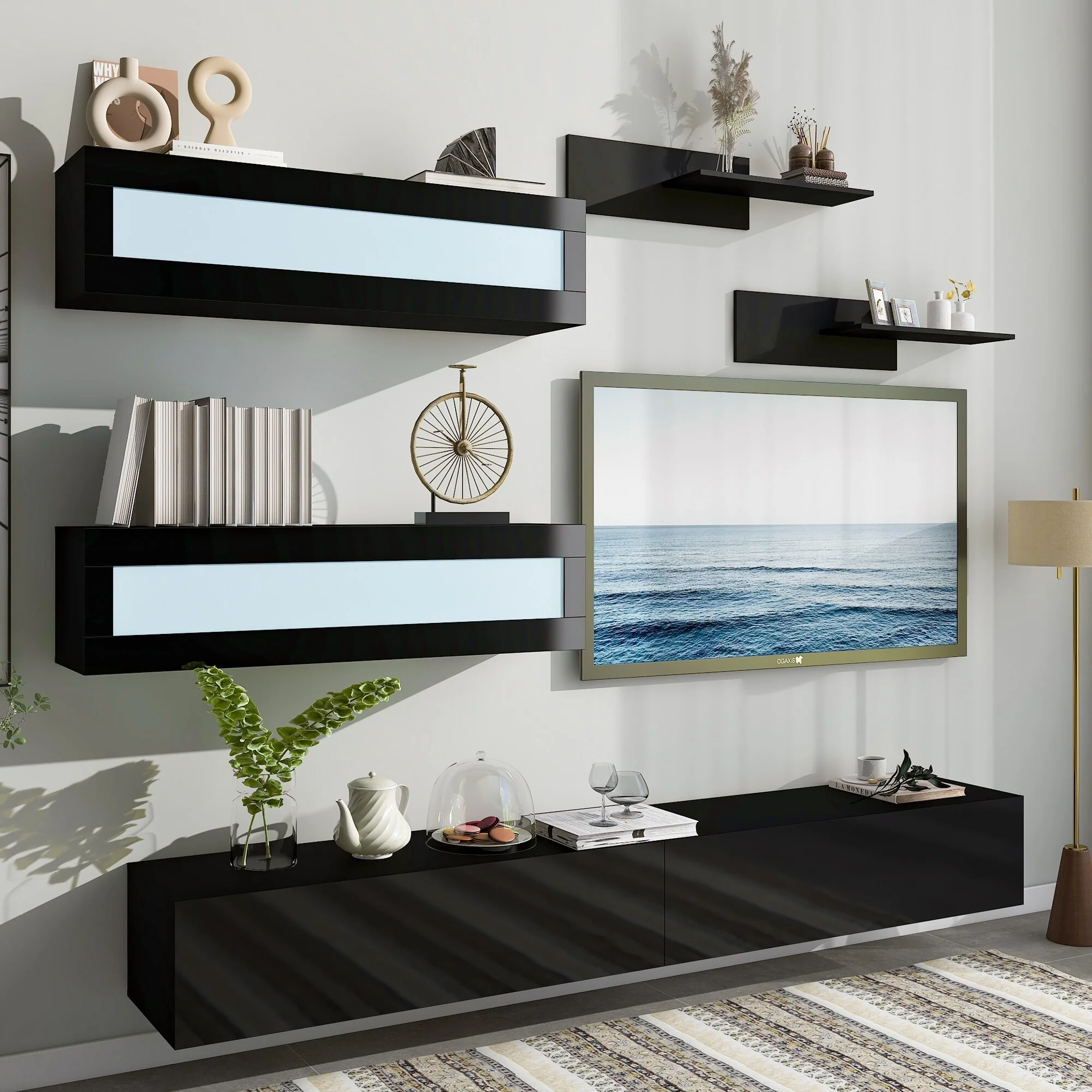 Black Wall-Mounted Floating TV Stand with RGB LED, Storage Cabinets & Shelves for TVs Up to 95