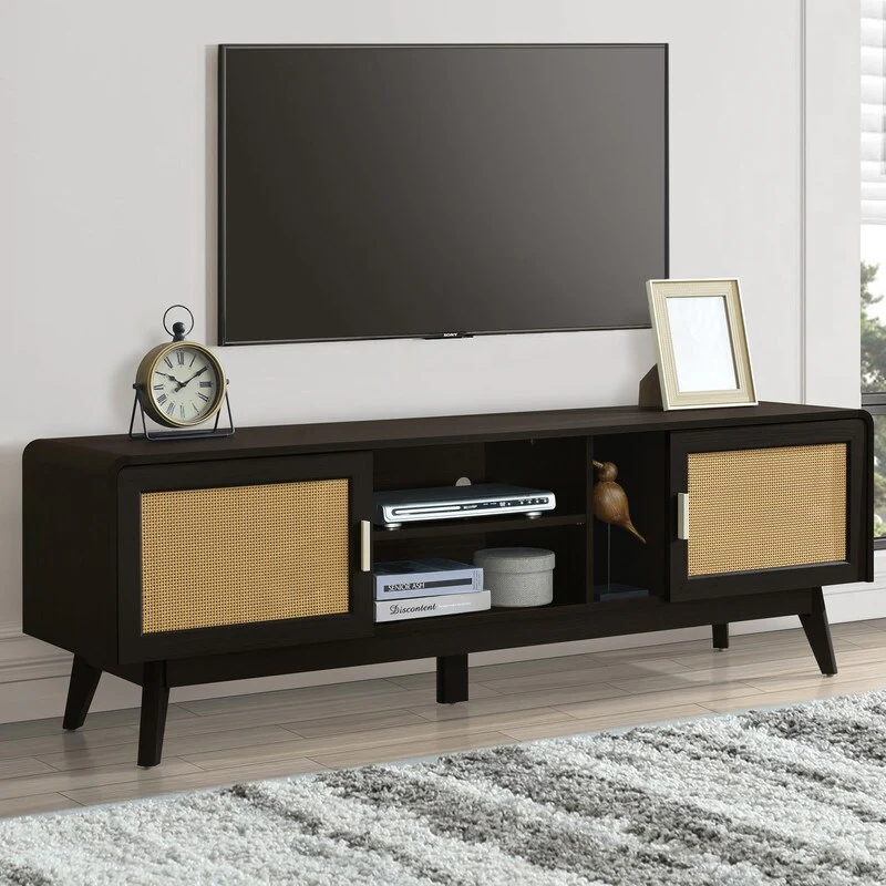 63'' Dark Rattan TV Stand with 2 Storage Cabinets for 65 Inch TV, Entertainment Center with Solid Wood Legs,Dark Brown