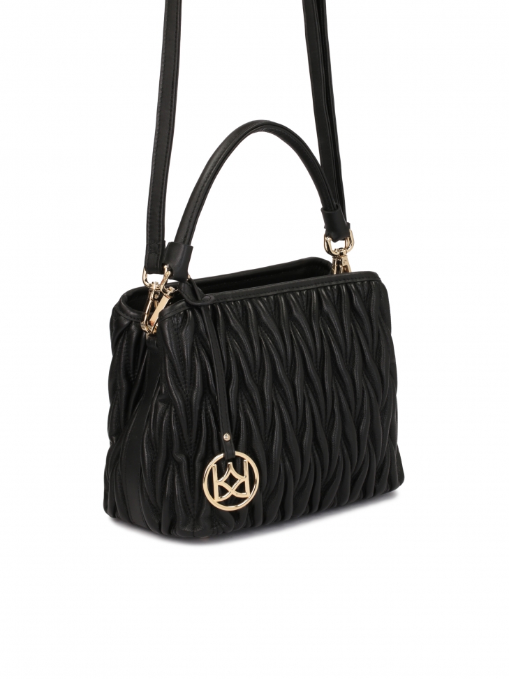Black crinkled handbag with handle for hand and shoulder