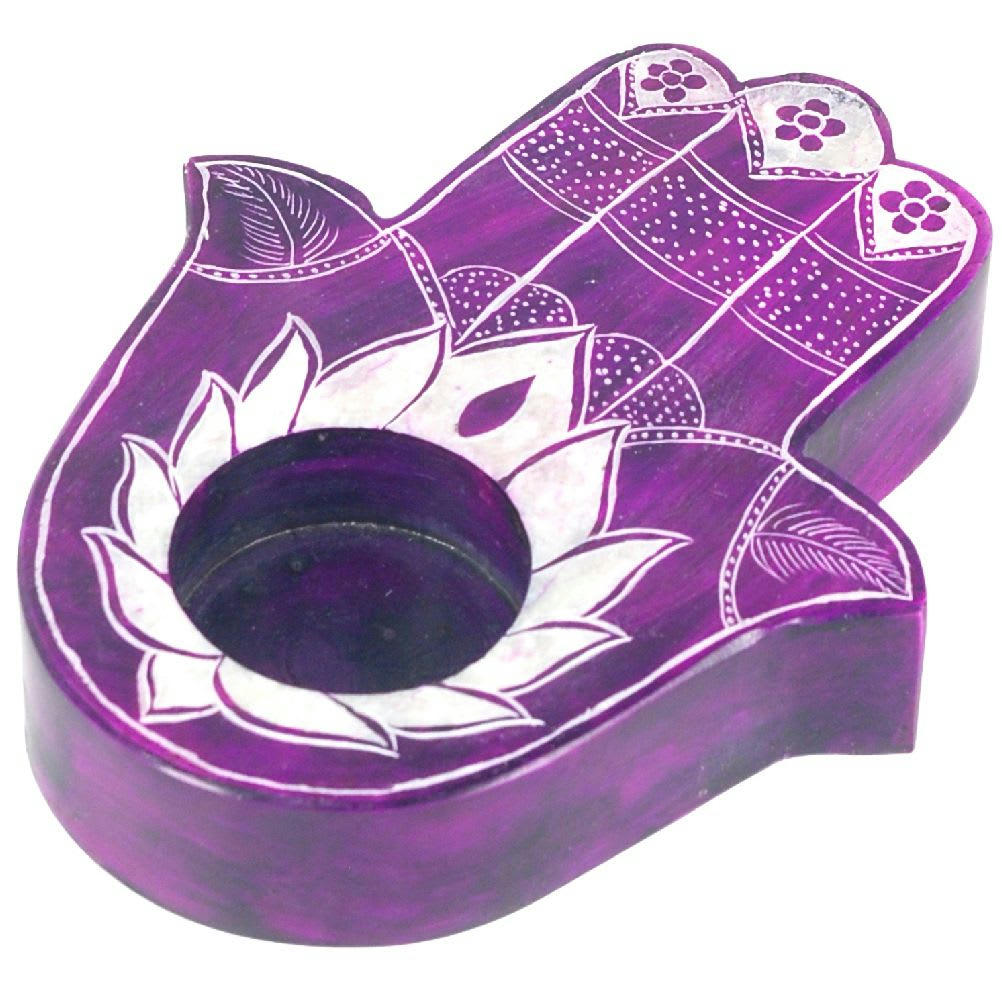 - Porte Bougie en Stéatite - Main de fatma - Violet