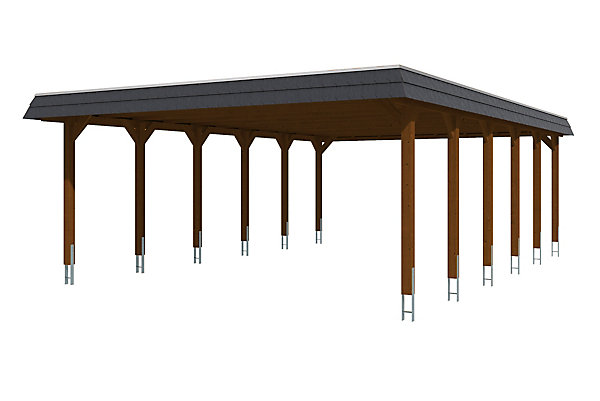 Carport SKAN HOLZ Spreewald 585x893cm, planches de toit et EPDM, bandeau noir, bois résineux imprégné, traitement coloré noyer