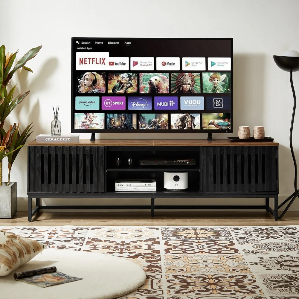 Mid Century Modern 63 Inch TV Stand Slatted Grille Striped Doors Entertainment Center with Ample Storage Space