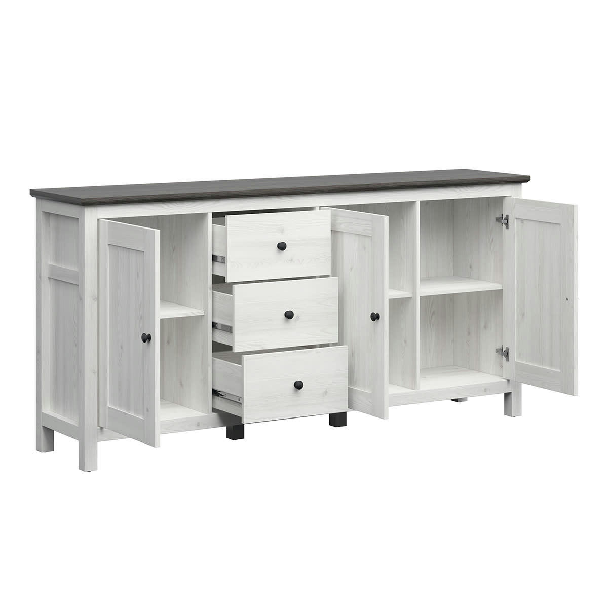 - Buffet 3 portes 3 tiroirs blanc et naturel foncé