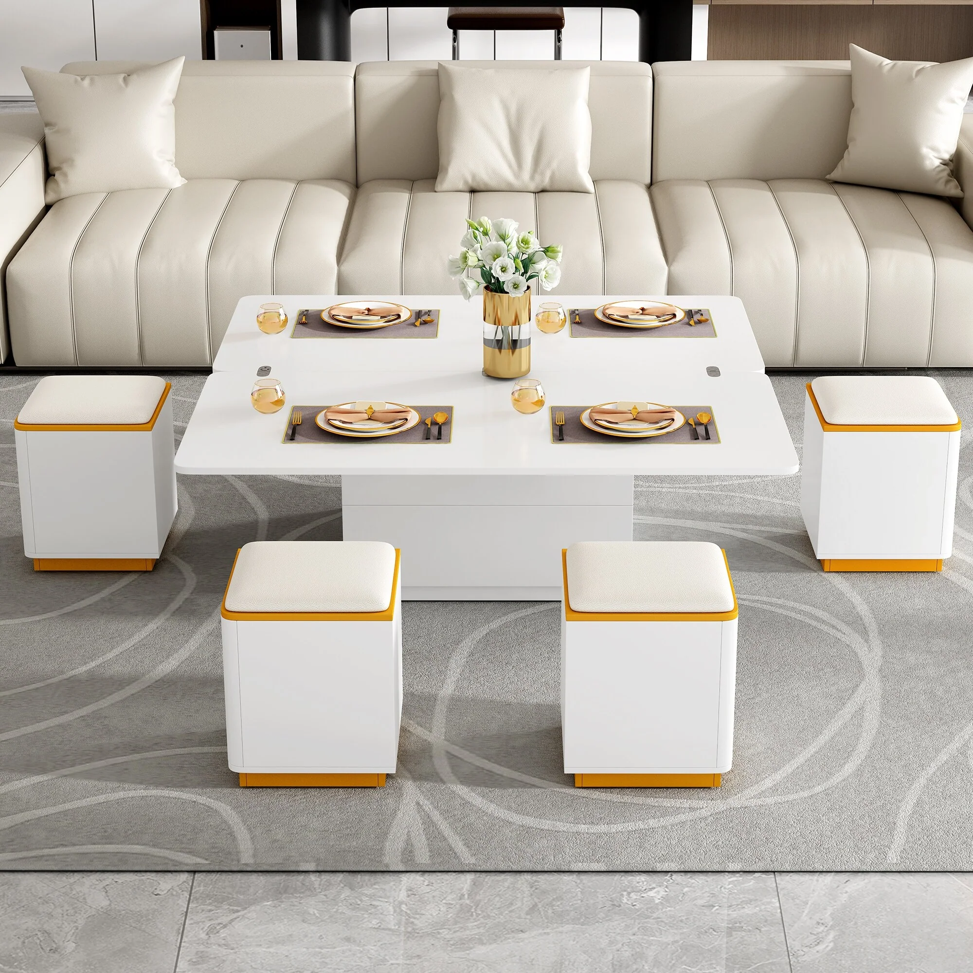 Lift-Top Coffee Table with 4 Stools - Space-Saving, Foldable, Multi-Functional