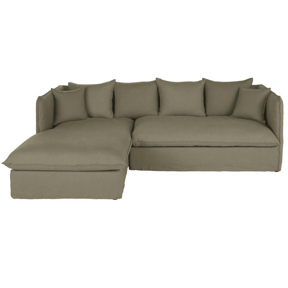 Louvain - Housse de canapé d'angle gauche en lin froissé vert kaki