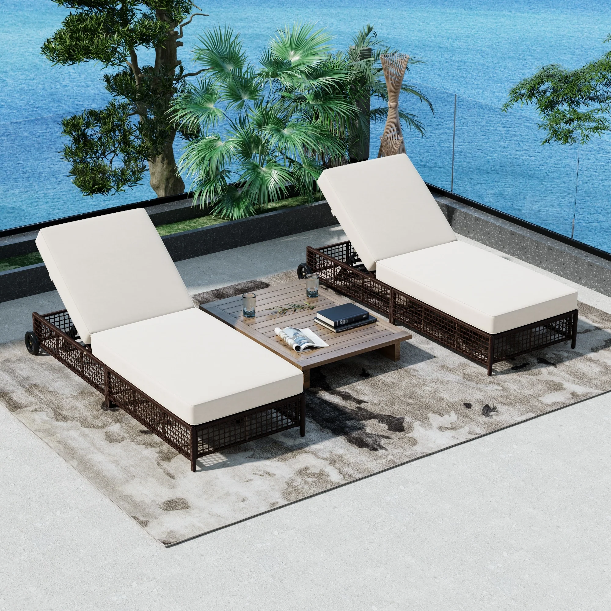 Set of 2 Rattan Outdoor Chaise Lounges with Wheels and Adjustable Backrest, Cushions for Poolside Backyard Garden