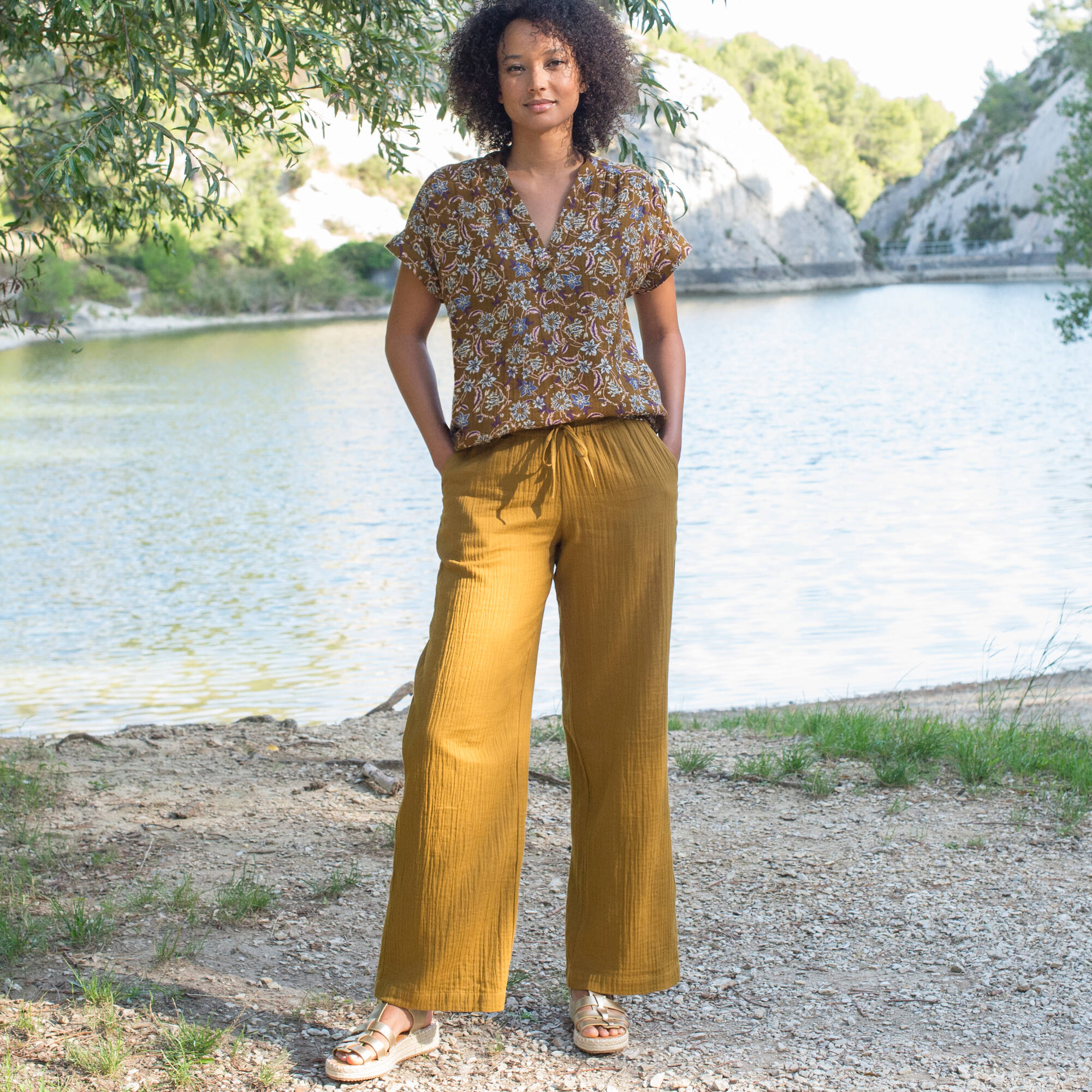 Blouse col tunisien imprimée en double gaze de coton