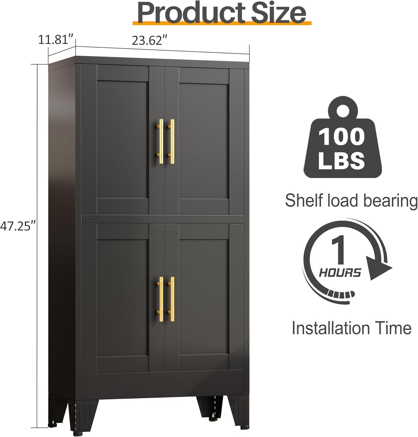 47“H Black Metal Bathroom Storage Cabinet, Kitchen Pantry Cabinet with Doors and 3 Adjustable Shelves, Bathroom cabinets Organizer, for Home Office, Bedroom