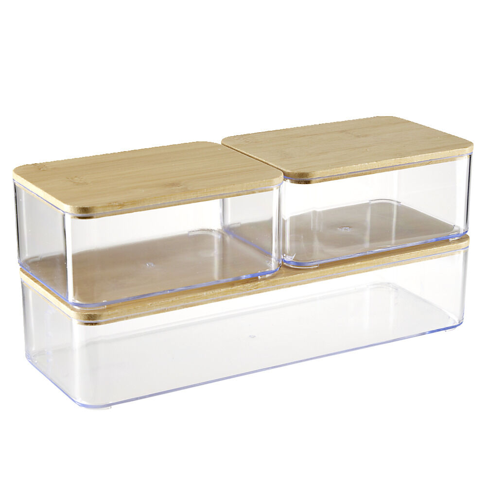 BoÎte de rangement x3 plastique transparent couvercle bambou