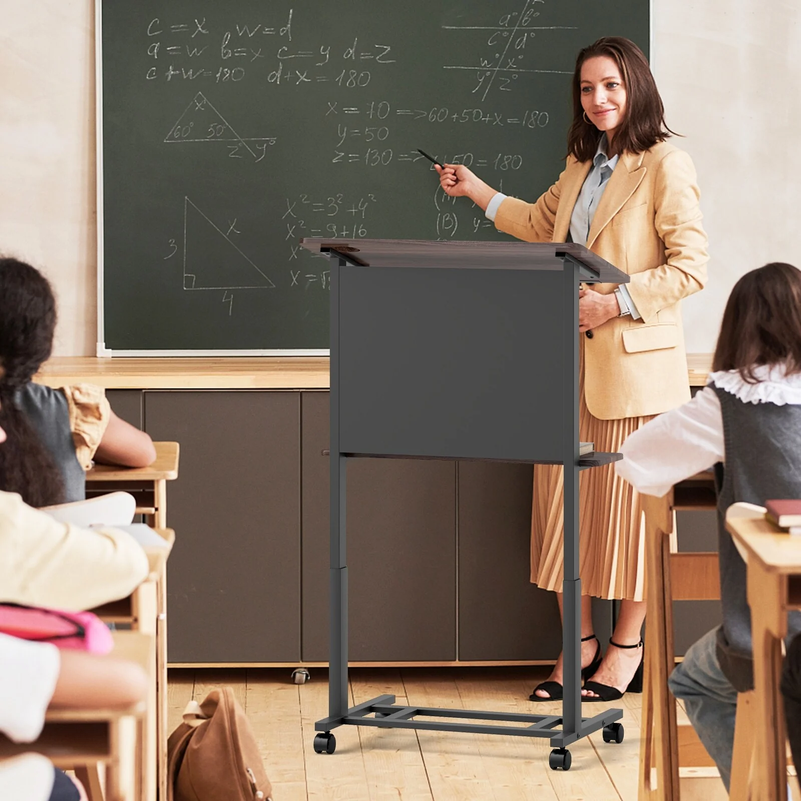 Gymax Rolling Podium Stand 40.5''-49'' Height Adjustable Lectern Table