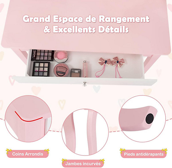 Coiffeuse pour Enfant avec Miroir Pliant Inclus de Table de Maquillage et Tabouret 1 Grand Tiroir Accessoire de Maquillage