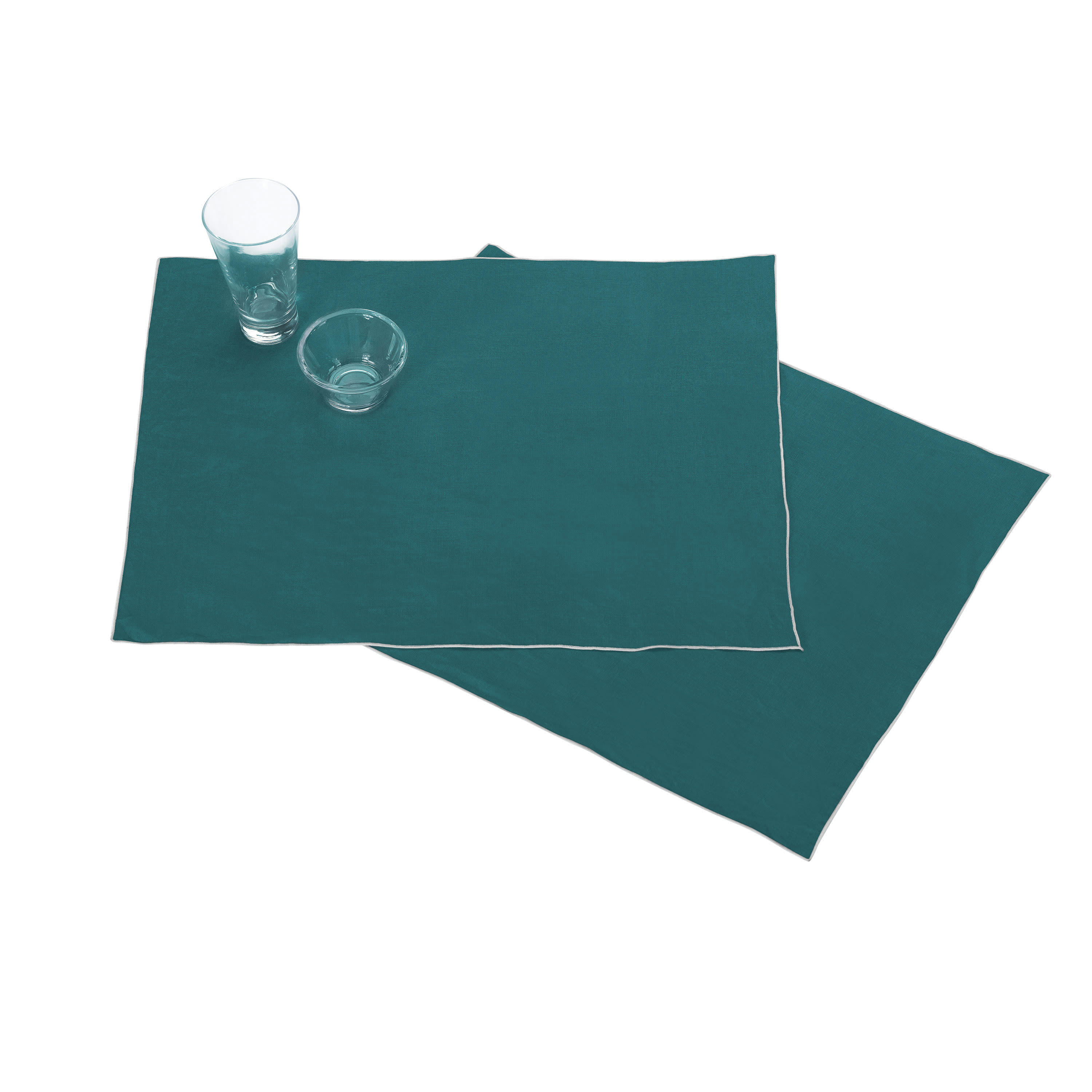AUTOUR DU LIN - Lot de 2 sets de table en lin lavé 38x48cm Vert Paon-gris Clair