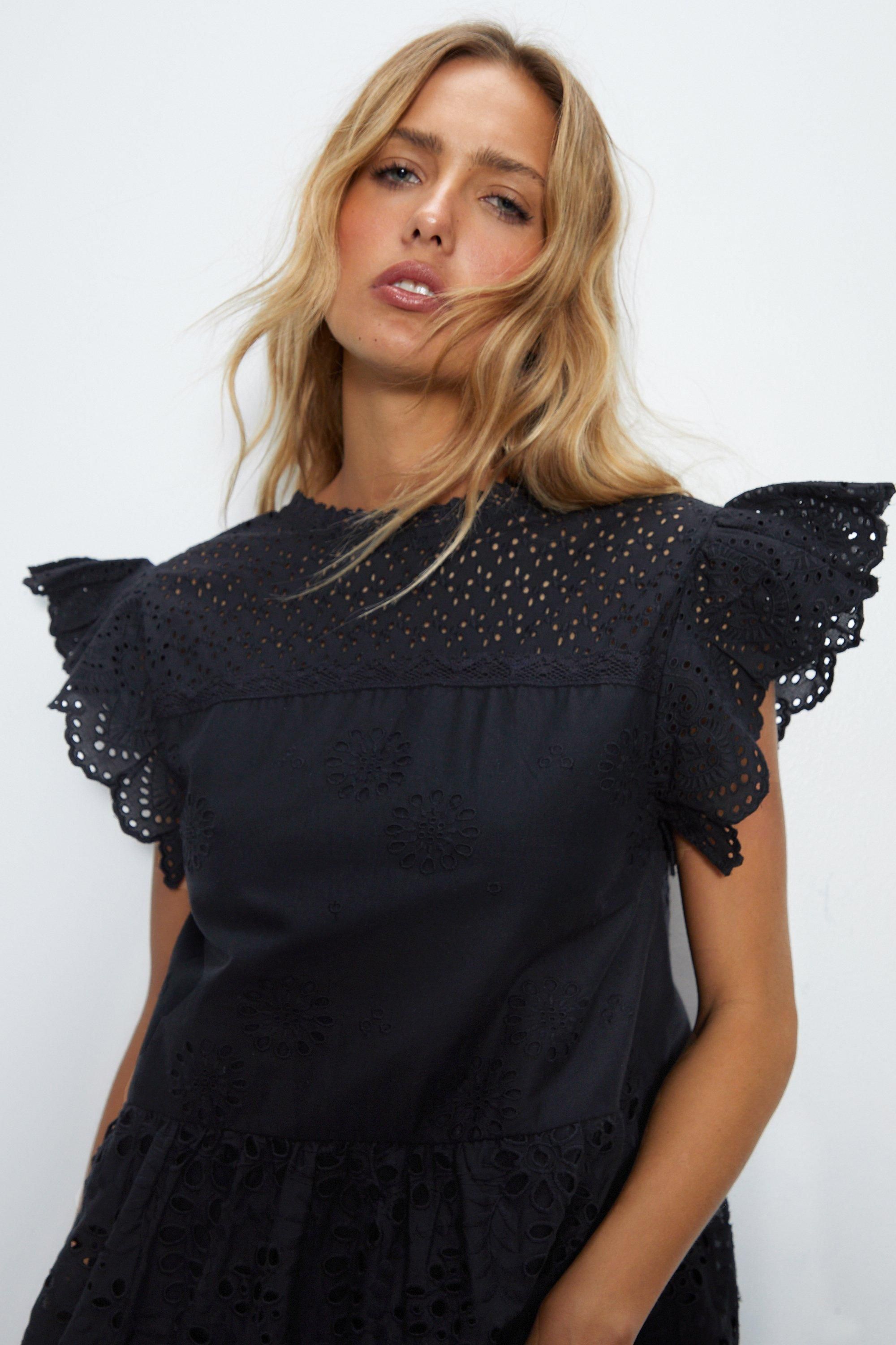 Warehouse Broderie Mix Tiered Midi Dress