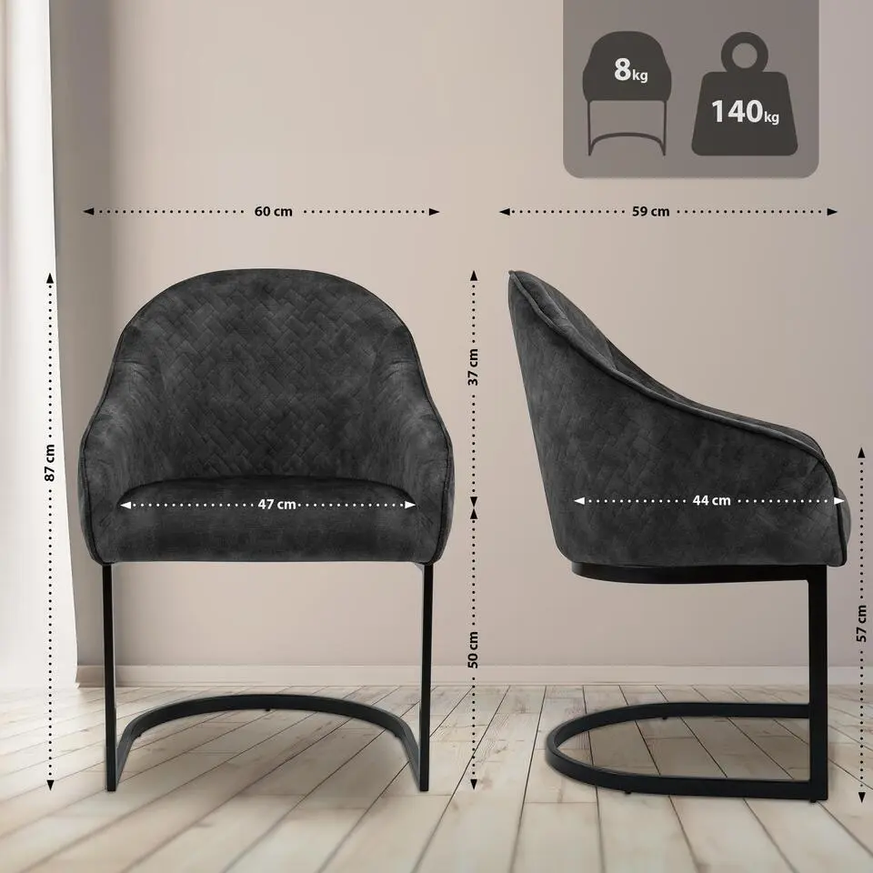 CLP Eetkamerstoel Jarik zwart Frame - Fluweel - donkergrijs