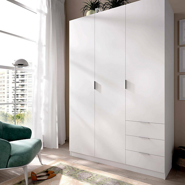 Garde-robe 3 portes Astru, Cintre pour chambre, armoire 3 tiroirs, 121x52h184 cm, Blanc
