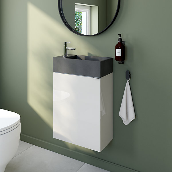 Meuble lave-mains blanc brillant Imandra l.44 cm Imandra   plan vasque béton gris, GoodHome