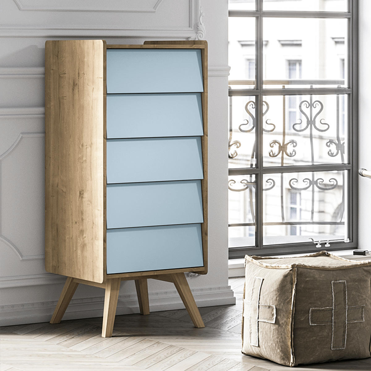 VINTAGE - Chiffonnier naturel bleu