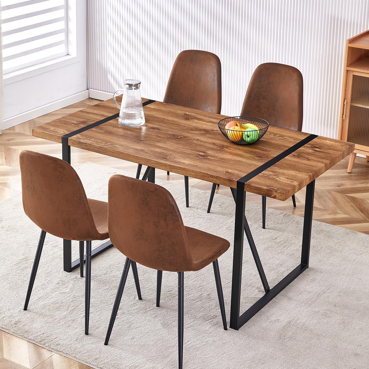 Dining Table Set for 4，Dinner Table Set for 4，55'' Kitchen Table and Suede Nap Fabic Chairs Set of 4, 5 Piece Dining Table Set for Kitchen Dining Room