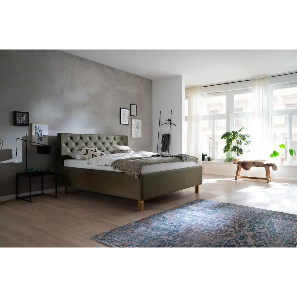 Bed San Marino 160x200cm met opbergruimte kunstleer - groen/eik