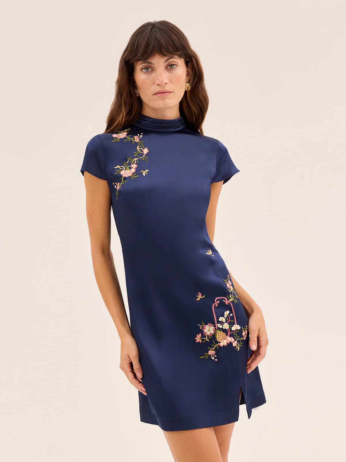 Amira Navy Satin Embroidered Mini Dress
