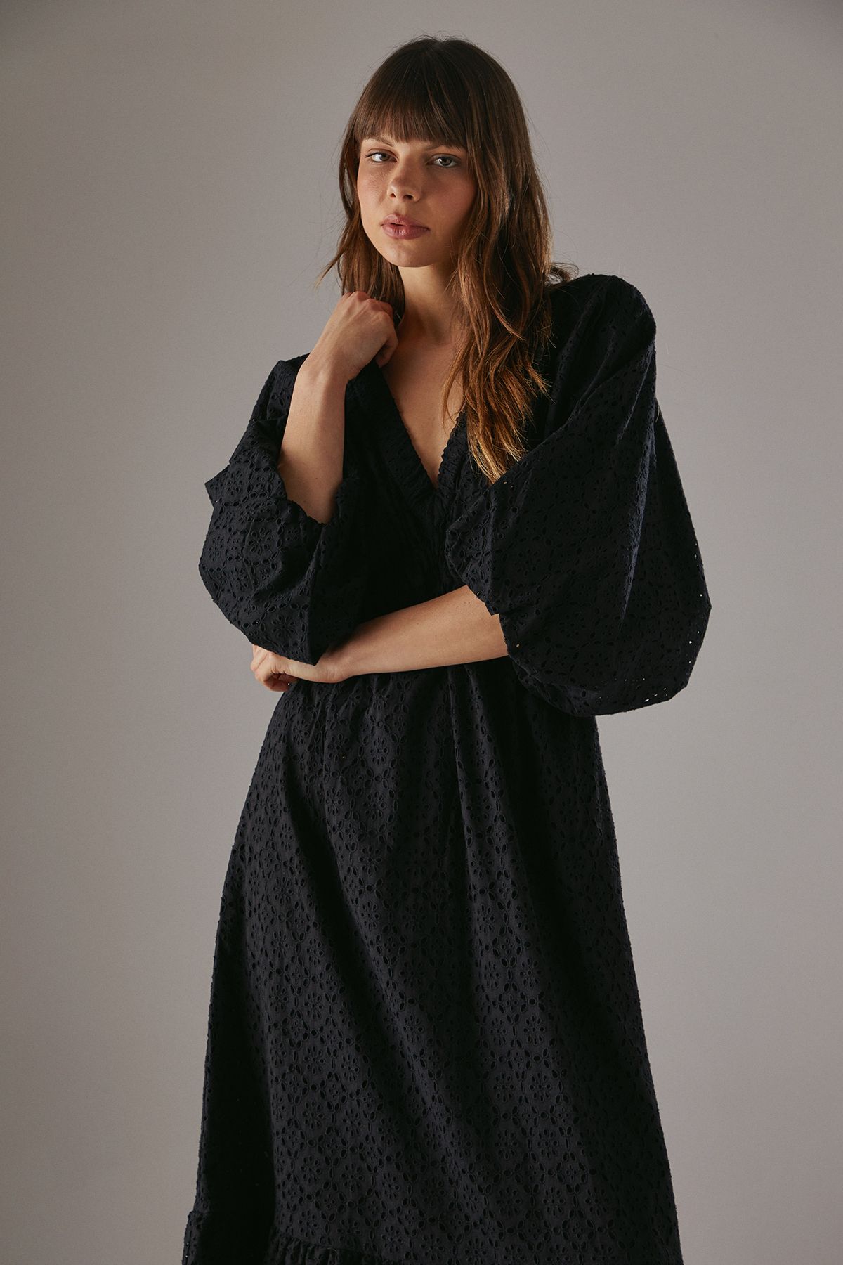 Warehouse Broderie Plunge Neck Volume Sleeve Smock Midi Dress