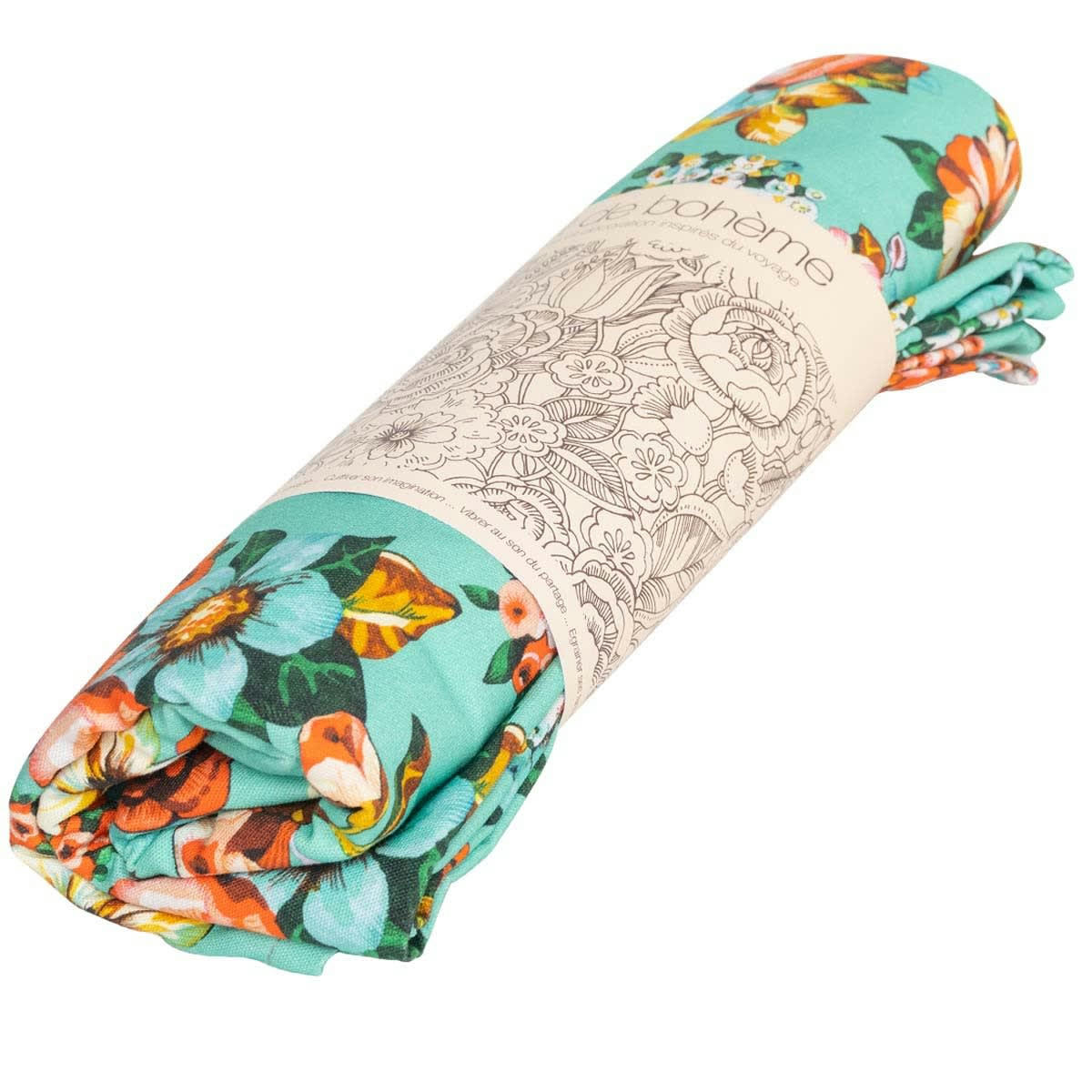 SAKURI - Nappe grand format en coton imprimé fleuri turquoise 140x235
