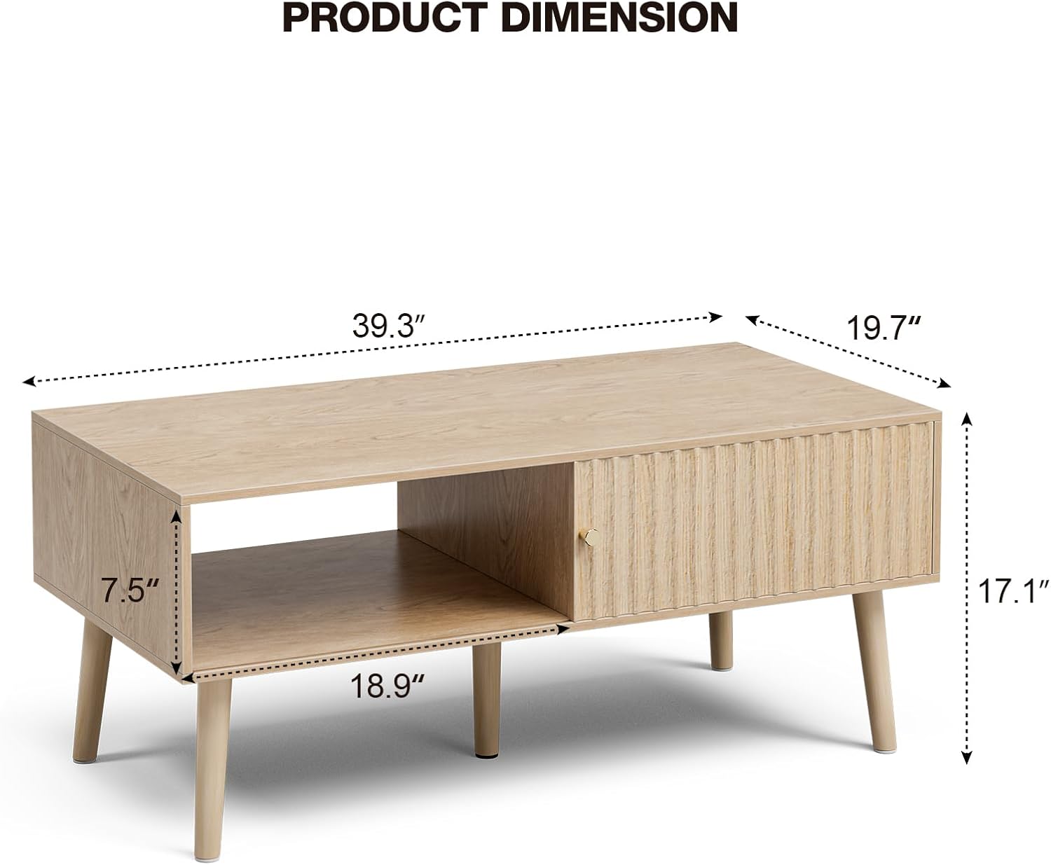 LCRBOL Coffee Table with Storage, Boho Dining Table with Sliding Fluted Door and Solid Wood Legs, Small Coffee Tables for Living Room, Oak