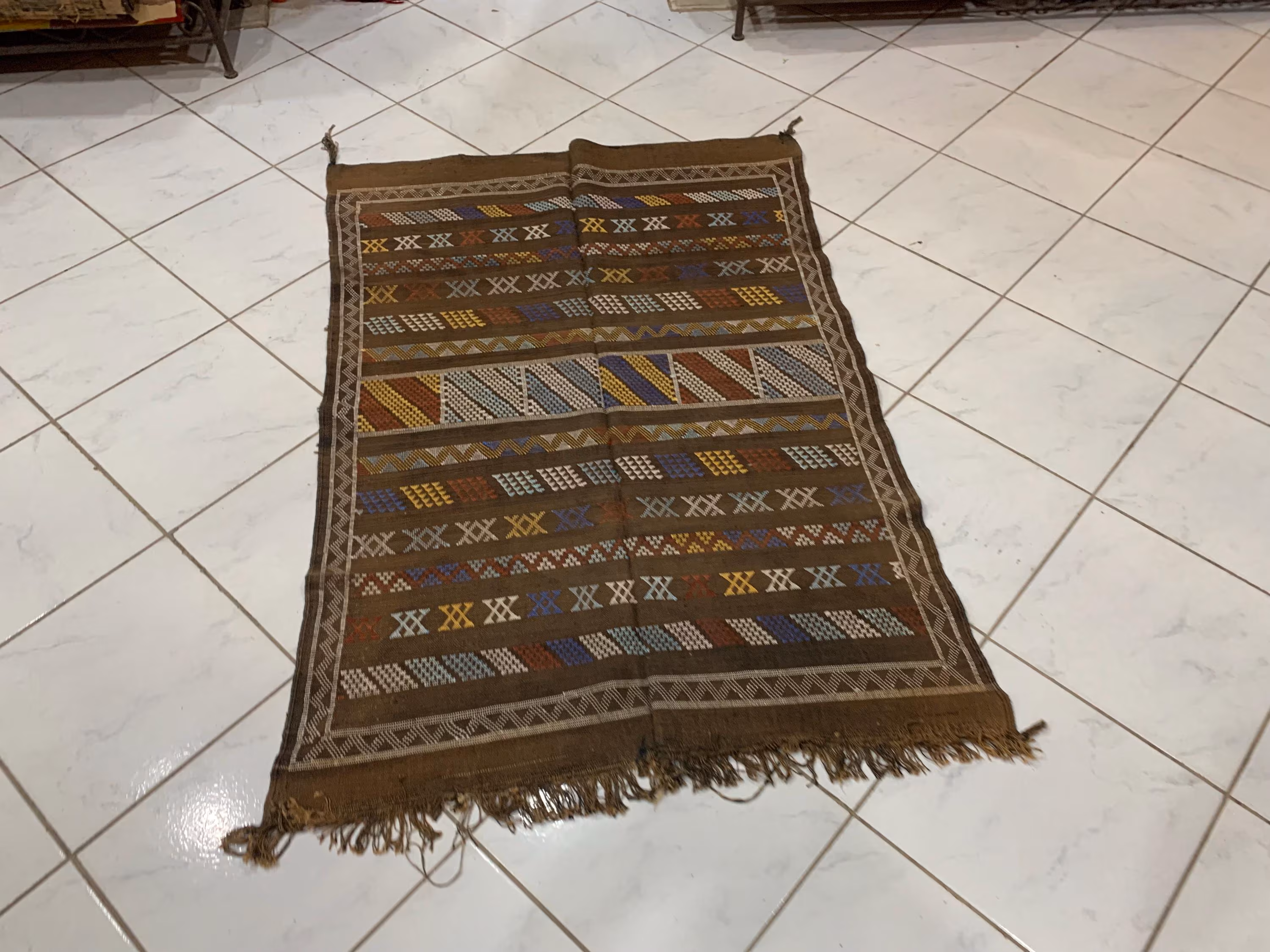 Vintage Moroccan Berber Rug – Handmade Wool Kilim with Colorful Geometric Symbols