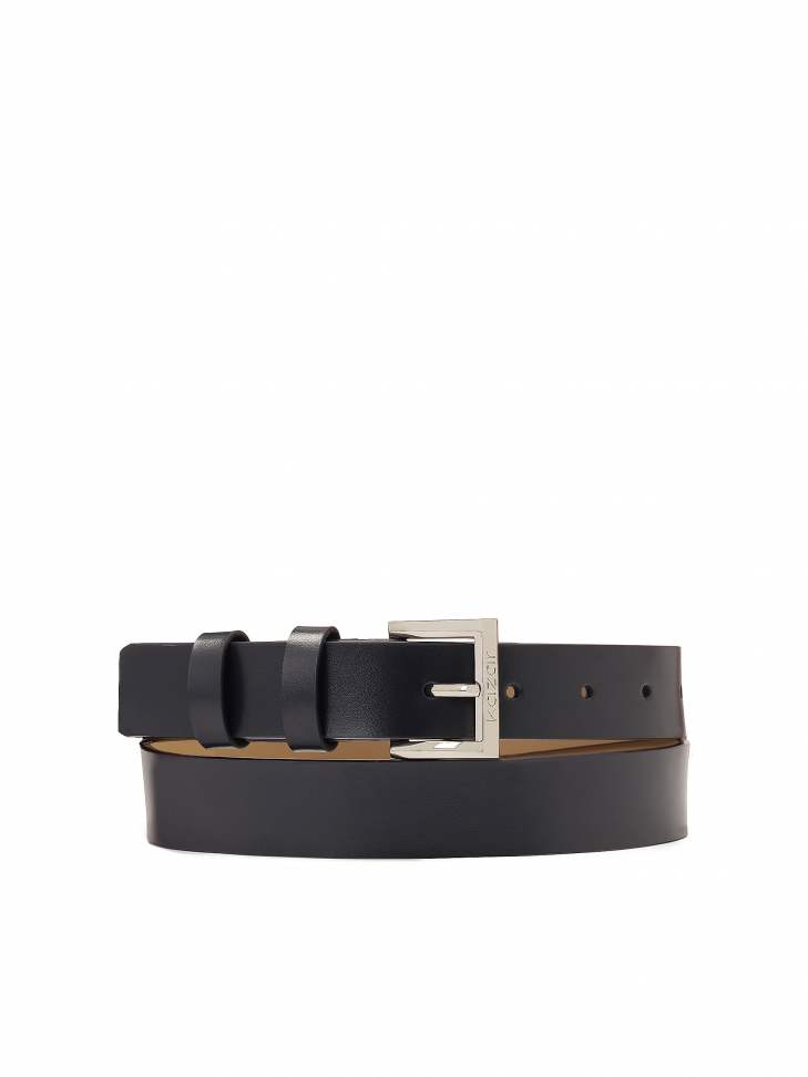 Navy blue leather belt with silver buckle