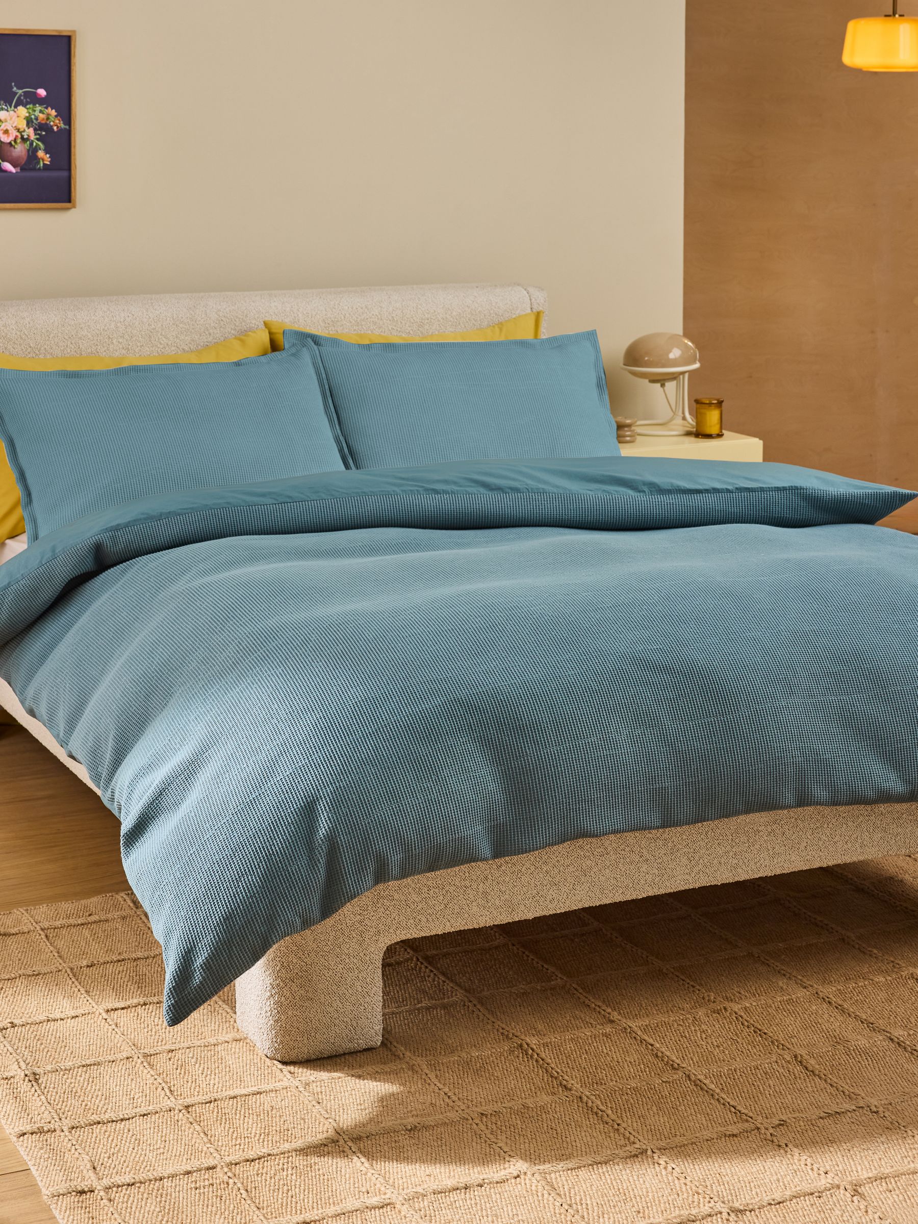 Waffle 100% Cotton Duvet Cover and Pillowcase Set in Marine Blue