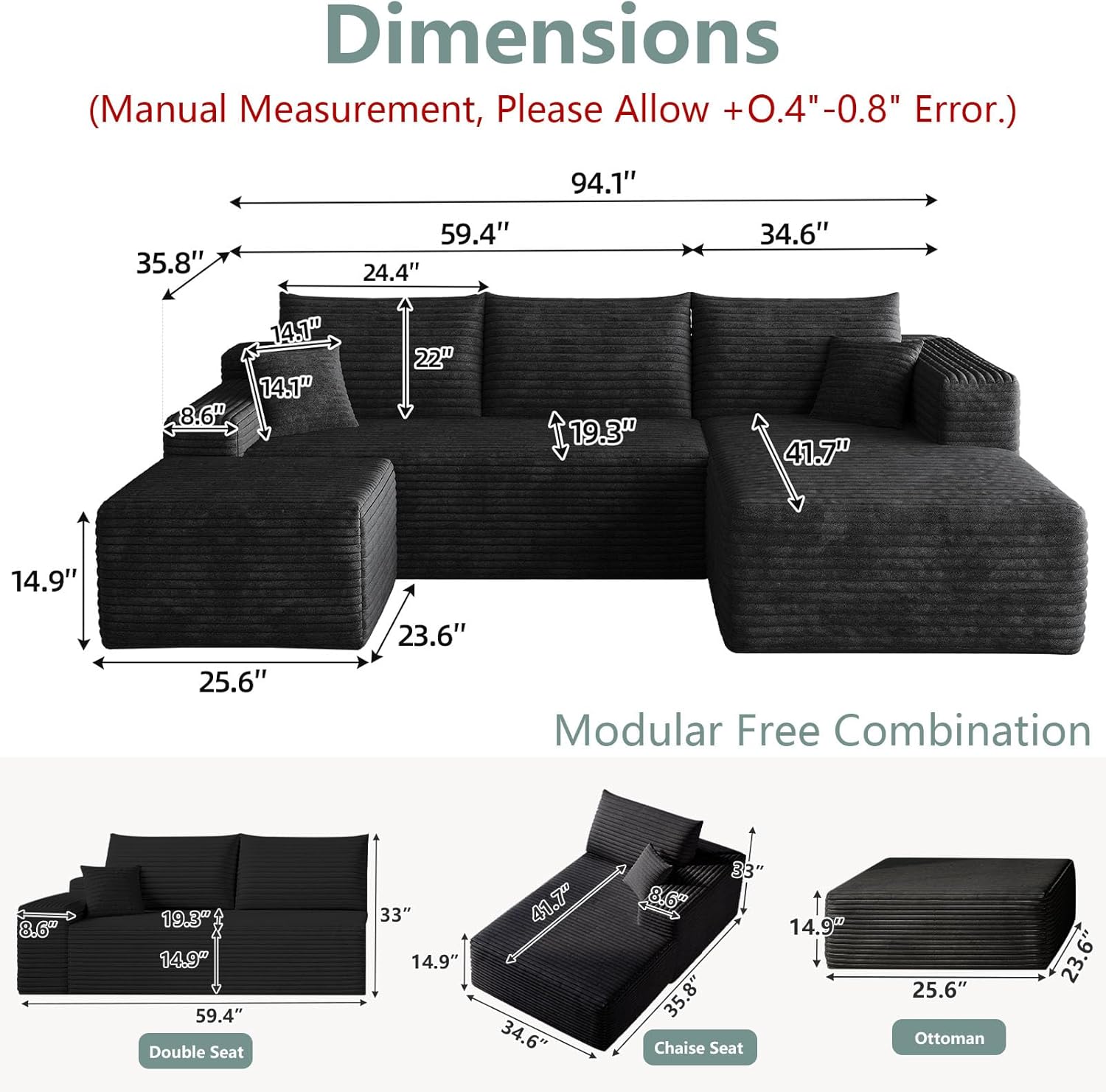 95 Modular Sectional Sofa with Ottoman, Modern Corduroy Cloud Couch with Deep Seat, Boneless Couch Upholstered 3-Seater U-Shaped Sofa for Living Room, No Assembly (Black,Right-Facing Chaise)