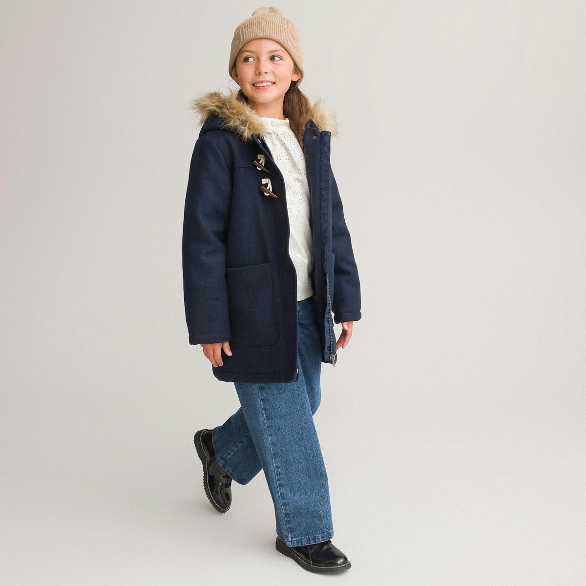 Duffle-coat capuche tissu duveteux à poils longs