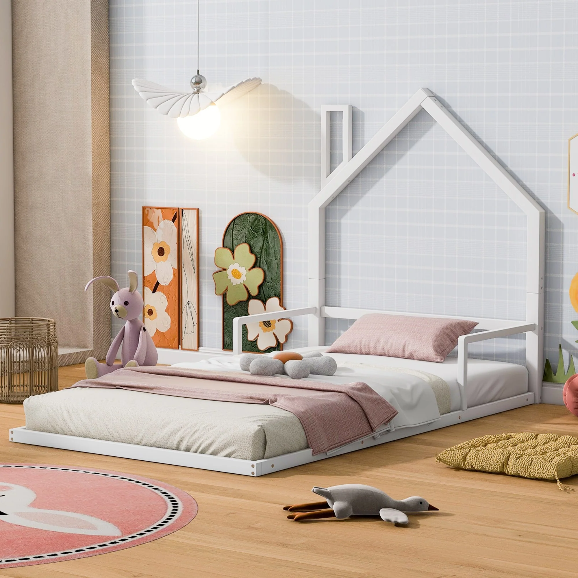 Twin Size Metal Floor Bed with House-Shaped Headboard and Fence